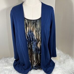 Effortless Style Blue Open Front Cardigan with Patterned Top